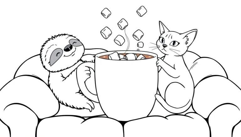 Dibujo lineal en blanco y negro de un perezoso sonriente y un gato observador sentados juntos en un sofá, compartiendo una gran taza de chocolate caliente con malvaviscos que caen.