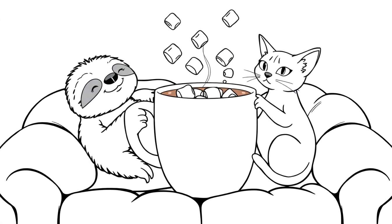 Dibujo lineal en blanco y negro de un perezoso sonriente y un gato observador sentados juntos en un sofá, compartiendo una gran taza de chocolate caliente con malvaviscos que caen.