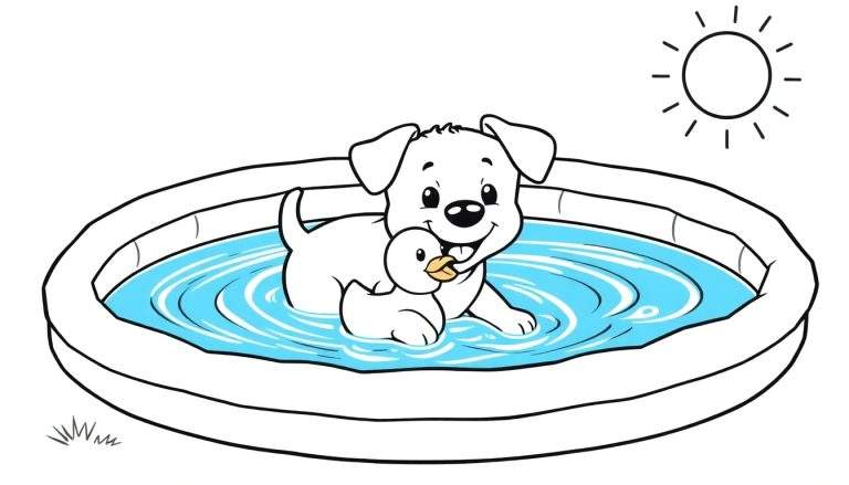 Página para colorear de un perrito blanco feliz jugando con un patito de goma en una piscina inflable con agua azul. Sol sonriente arriba.