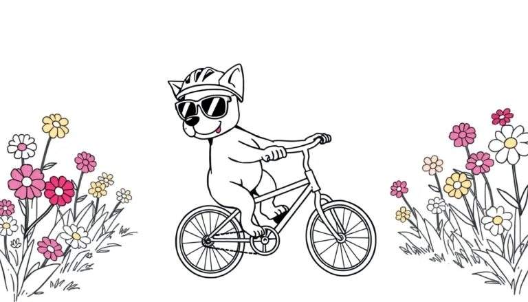 Ilustración a línea de un perro sonriente con casco y gafas de sol, pedaleando una bicicleta entre flores rosas, blancas y amarillas.