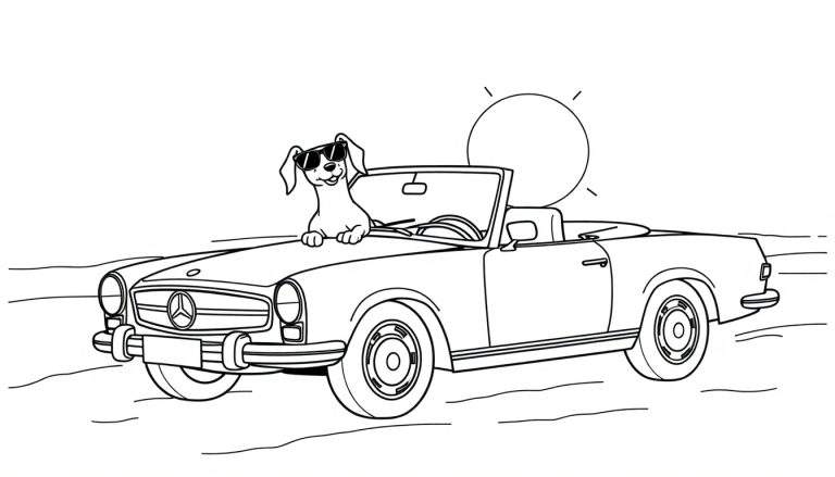 Dibujo lineal en blanco y negro de un perro con gafas de sol sentado en el capó de un coche descapotable clásico con el sol brillando en el fondo.