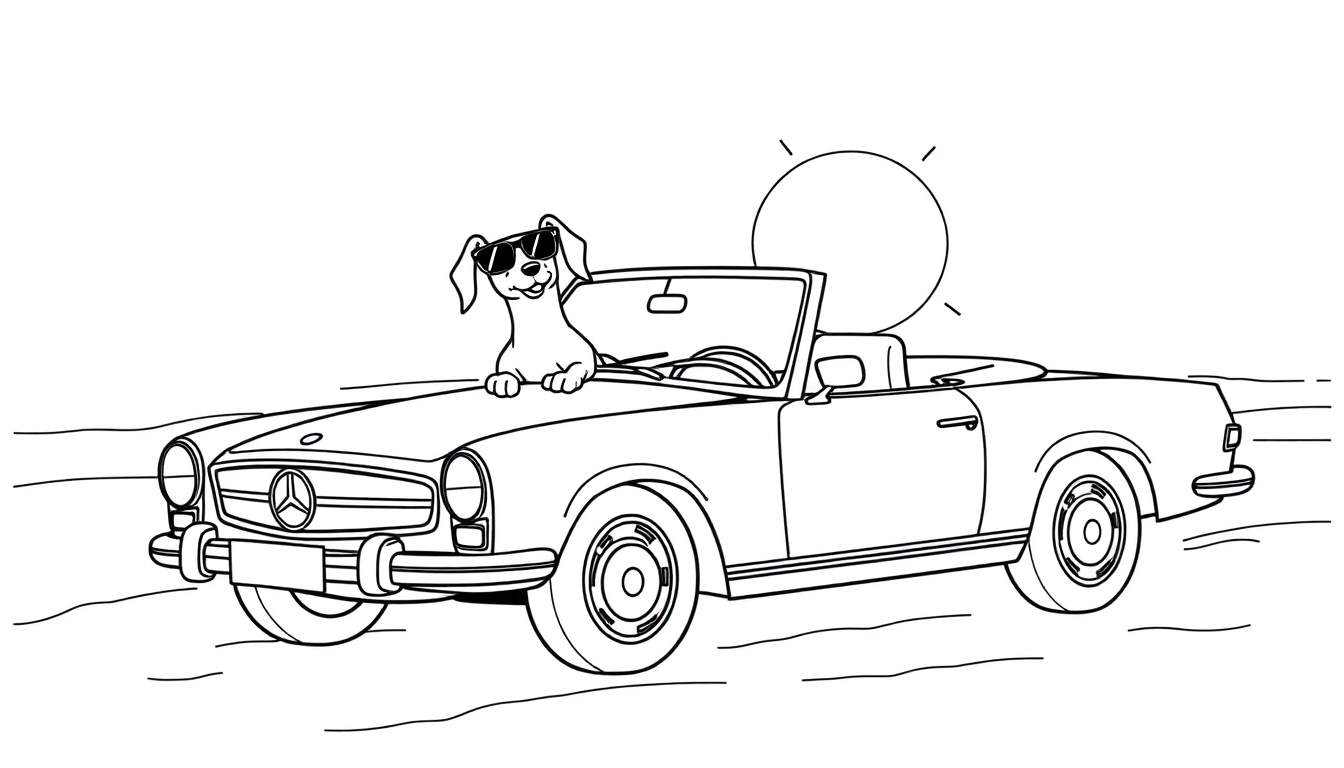 Dibujo lineal en blanco y negro de un perro con gafas de sol sentado en el capó de un coche descapotable clásico con el sol brillando en el fondo.