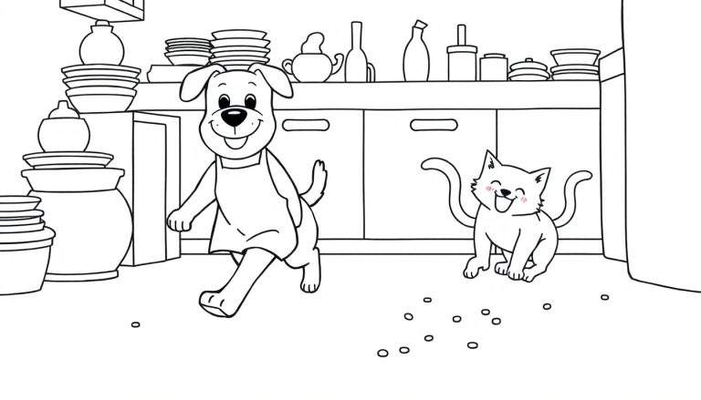 Página para colorear de un perro con delantal corriendo y un gatito sonriente en una cocina con estantes llenos.