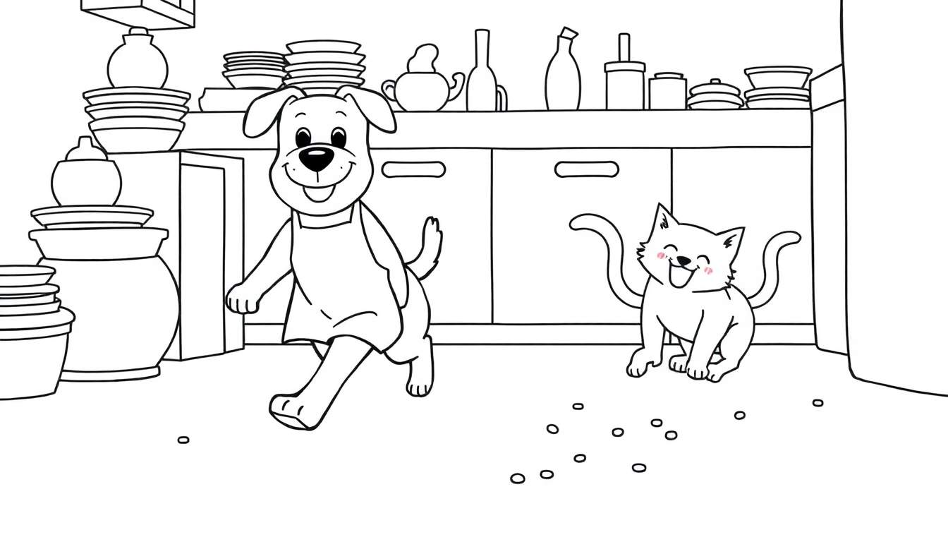 Página para colorear de un perro con delantal corriendo y un gatito sonriente en una cocina con estantes llenos.