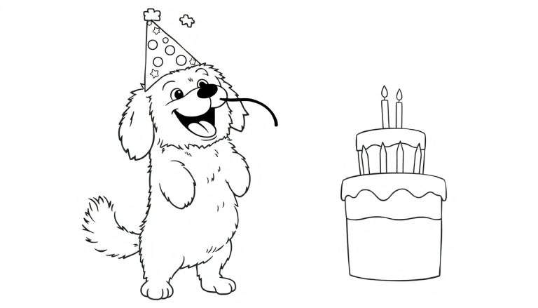 Perro con gorro de fiesta y pastel de cumpleaños para colorear