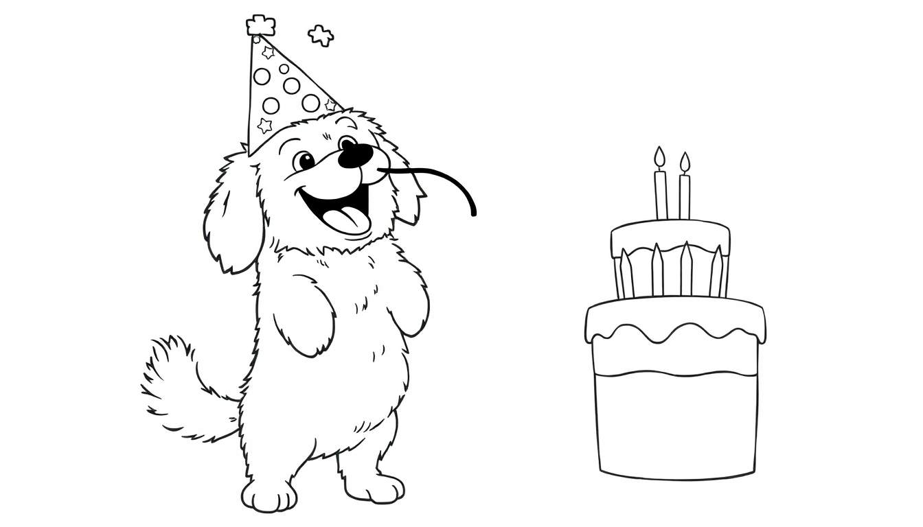 Perro con gorro de fiesta y pastel de cumpleaños para colorear
