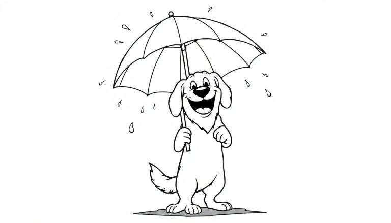 Dibujo para colorear de un perro sonriente con orejas caídas sosteniendo un paraguas redondo bajo la lluvia, con gotas de agua cayendo.