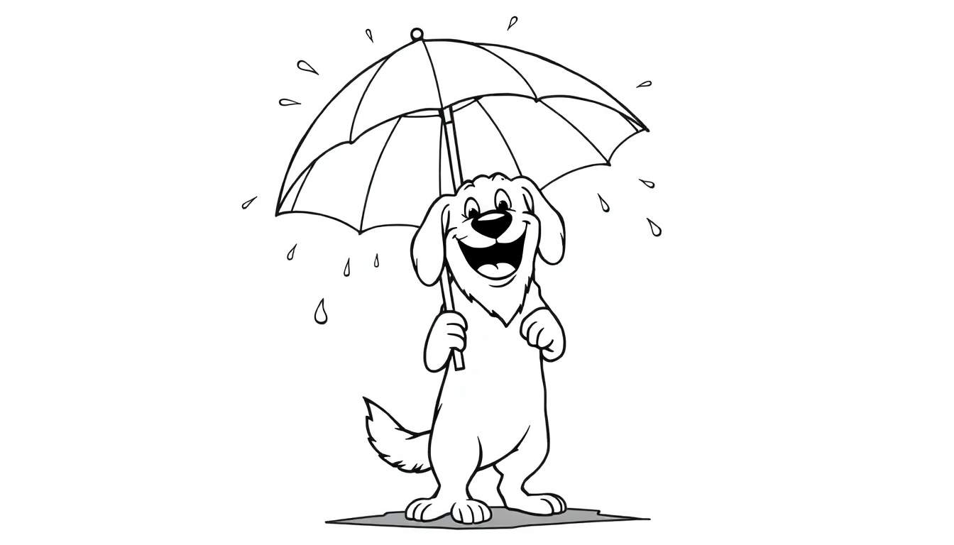 Dibujo para colorear de un perro sonriente con orejas caídas sosteniendo un paraguas redondo bajo la lluvia, con gotas de agua cayendo.