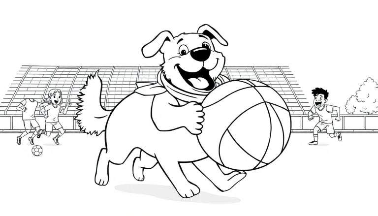 Ilustración para colorear de un perro con bufanda jugando a baloncesto, mientras dos niños y una niña juegan al fútbol en una cancha deportiva.