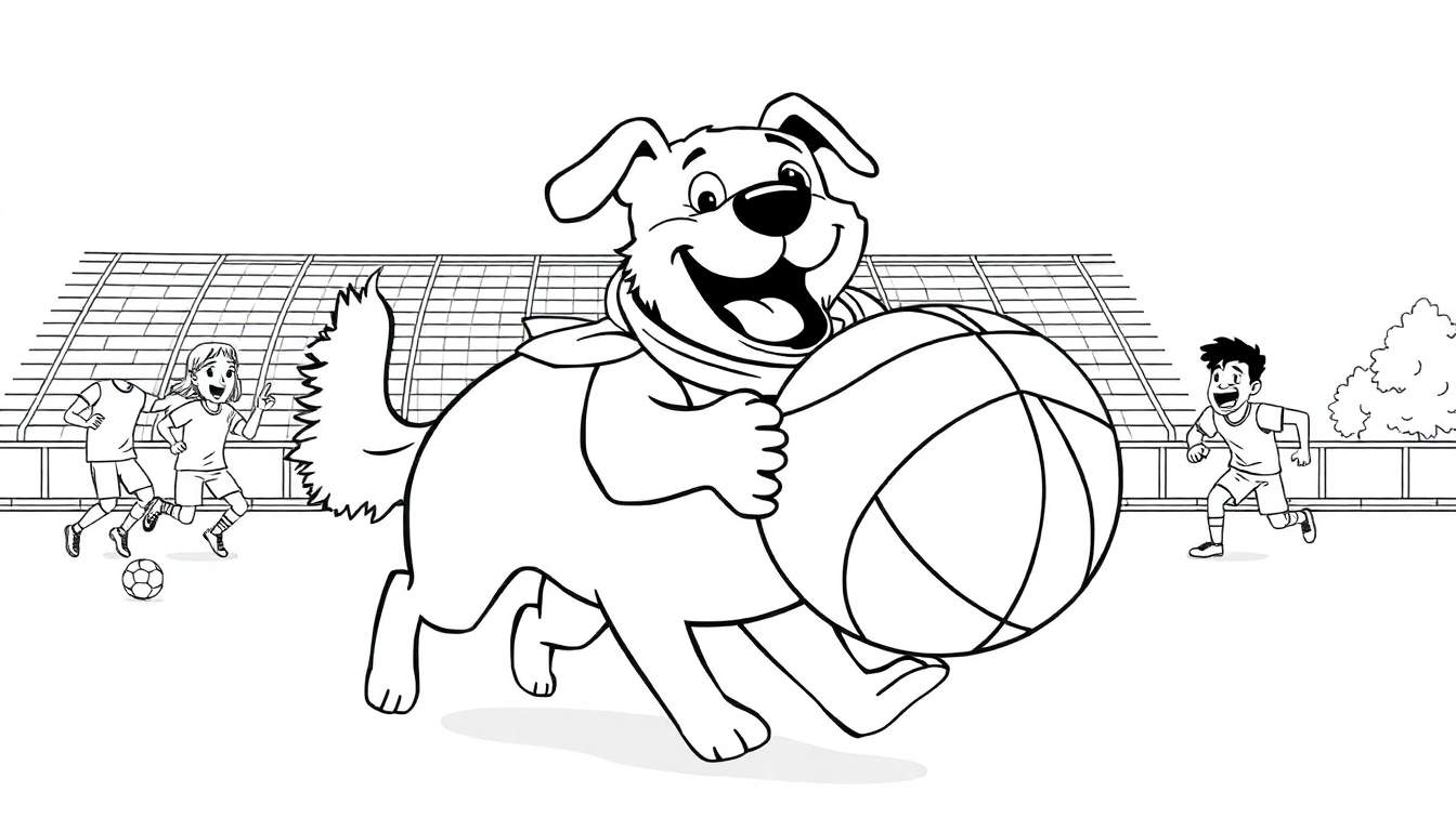 Ilustración para colorear de un perro con bufanda jugando a baloncesto, mientras dos niños y una niña juegan al fútbol en una cancha deportiva.