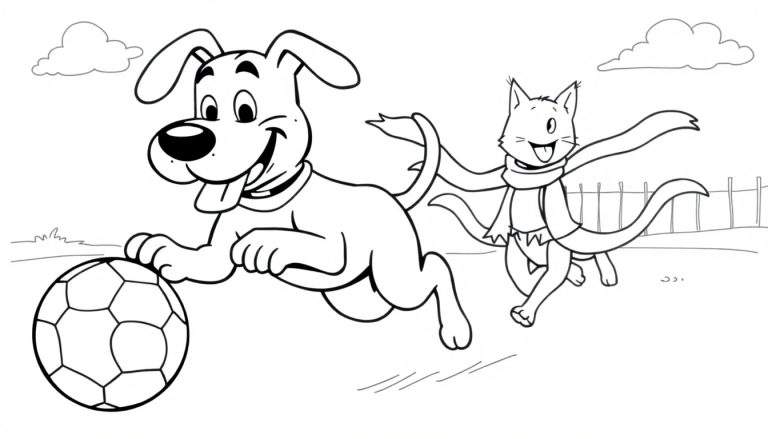 Dibujo a blanco y negro de un perro dálmata saltando y empujando una pelota de fútbol, con un gato corriendo feliz detrás. Se ve una valla y nubes al fondo.