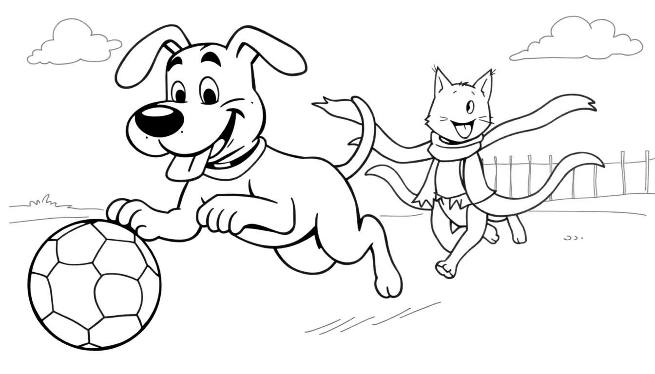 Dibujo a blanco y negro de un perro dálmata saltando y empujando una pelota de fútbol, con un gato corriendo feliz detrás. Se ve una valla y nubes al fondo.