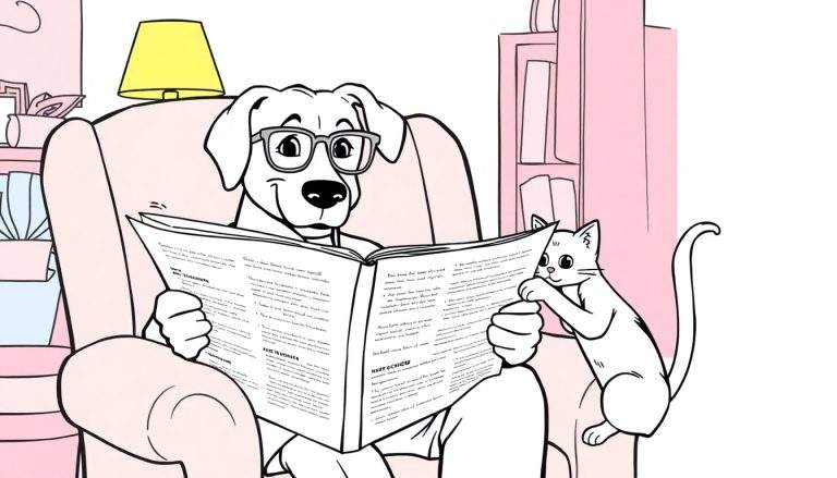 Ilustración para colorear de un perro con gafas leyendo un periódico en un sillón rosa, junto a un gato blanco que también parece leer. Detrás hay un estante con libros rosados y una lámpara amarilla.