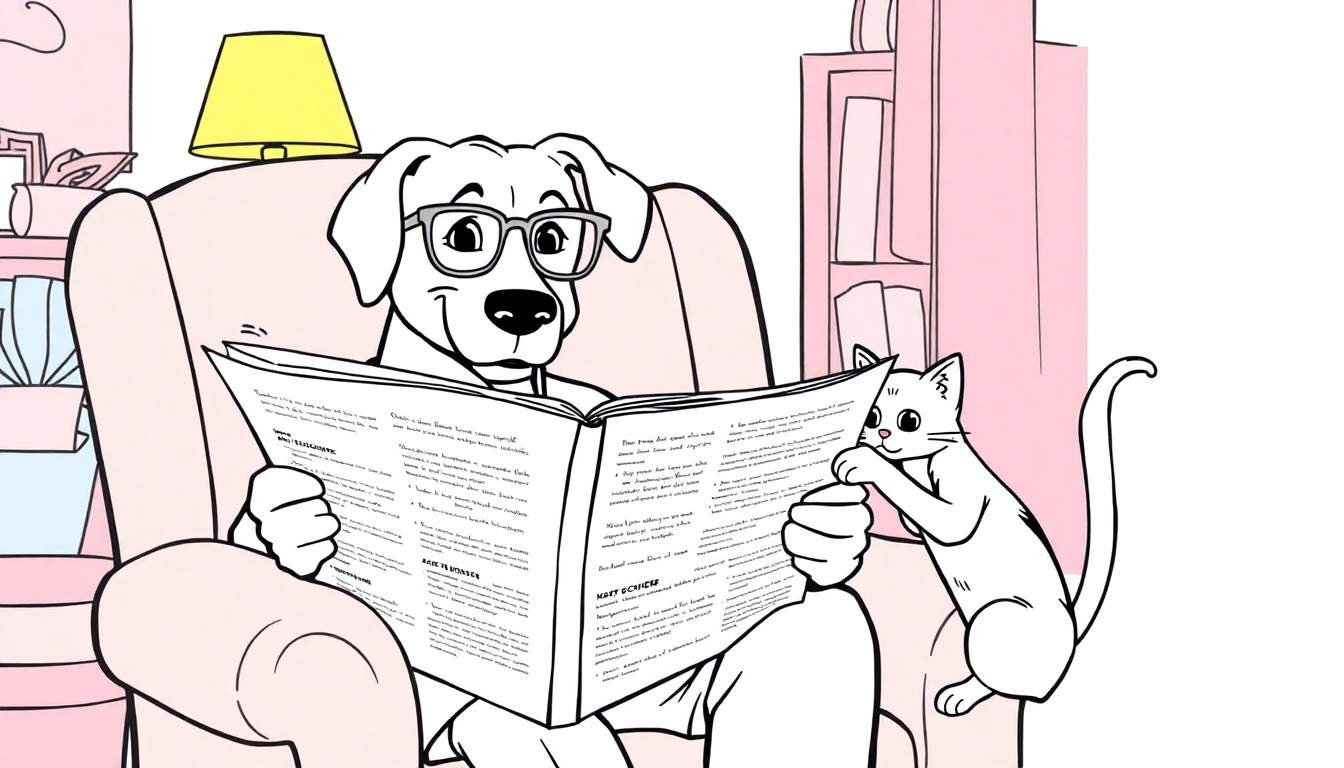 Ilustración para colorear de un perro con gafas leyendo un periódico en un sillón rosa, junto a un gato blanco que también parece leer. Detrás hay un estante con libros rosados y una lámpara amarilla.