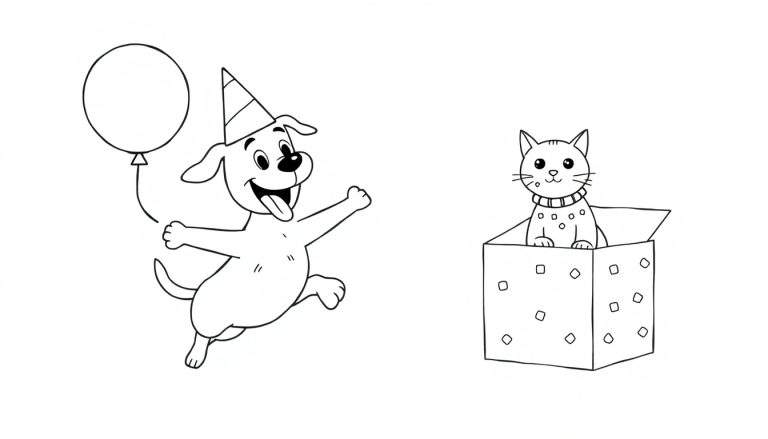 Página para colorear de un perro con gorro de fiesta y globo corriendo, y un gato dentro de una caja decorada.