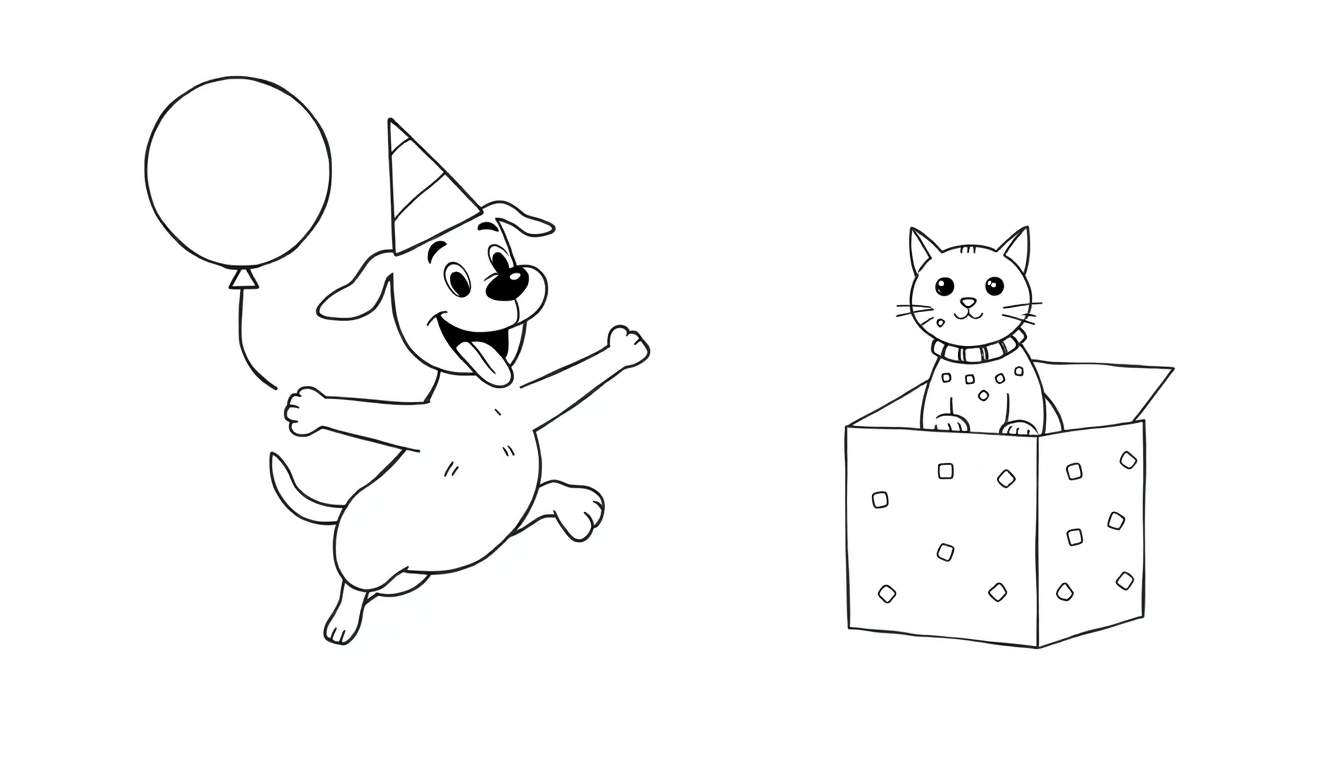 Página para colorear de un perro con gorro de fiesta y globo corriendo, y un gato dentro de una caja decorada.