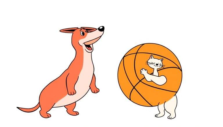 Página para colorear de un perro naranja alargado y un gato blanco sonriente dentro de una pelota de baloncesto.