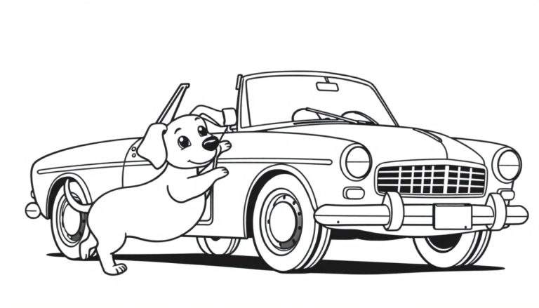 Página para colorear de un perro salchicha de historieta apoyado en un coche descapotable clásico blanco, con ruedas para colorear y el perro con orejas y cola manchadas.