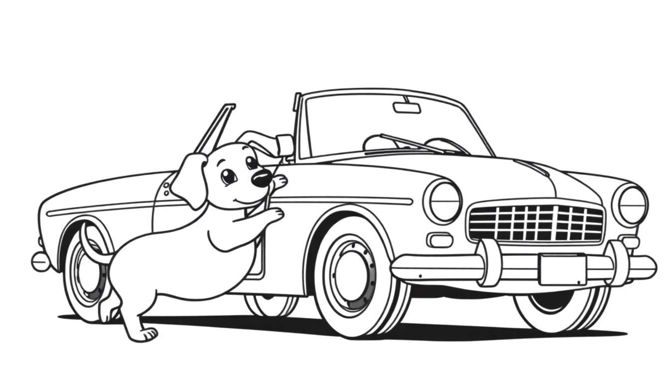 Página para colorear de un perro salchicha de historieta apoyado en un coche descapotable clásico blanco, con ruedas para colorear y el perro con orejas y cola manchadas.