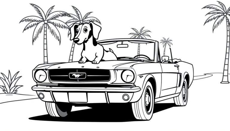 Página para colorear de un perro salchicha blanco y negro sentado en el capó de un coche descapotable blanco estilo Ford Mustang de los años 60, aparcado en un camino con palmeras.