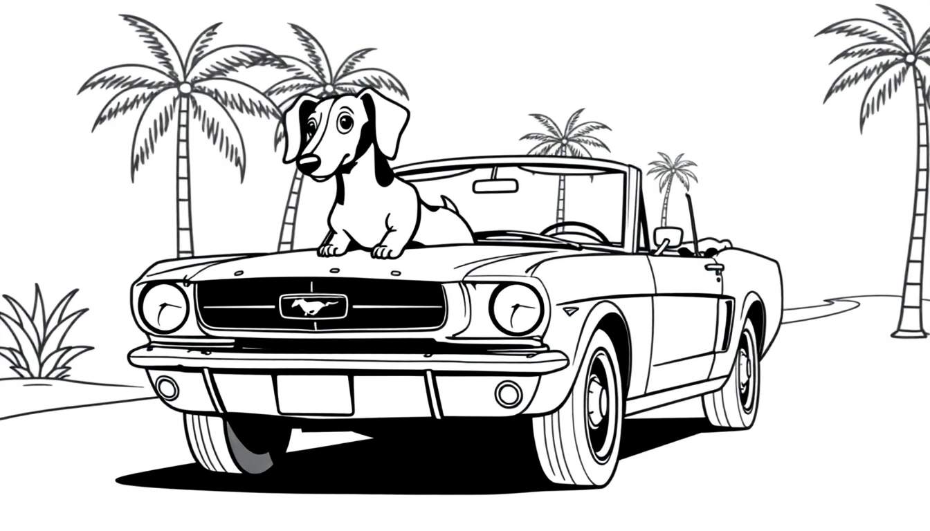 Página para colorear de un perro salchicha blanco y negro sentado en el capó de un coche descapotable blanco estilo Ford Mustang de los años 60, aparcado en un camino con palmeras.