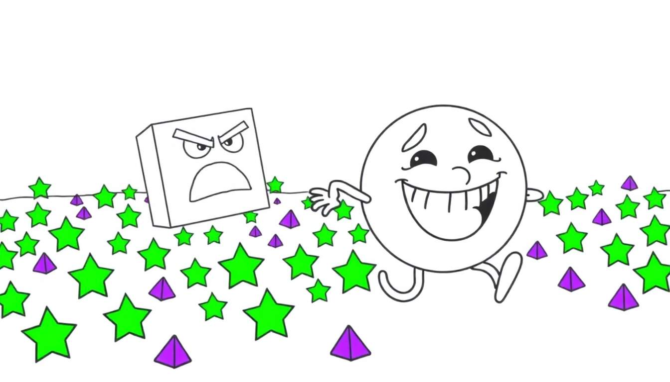 Página para colorear con un cuadrado enfadado y una esfera sonriente persiguiéndose entre estrellas verdes y pirámides púrpuras.