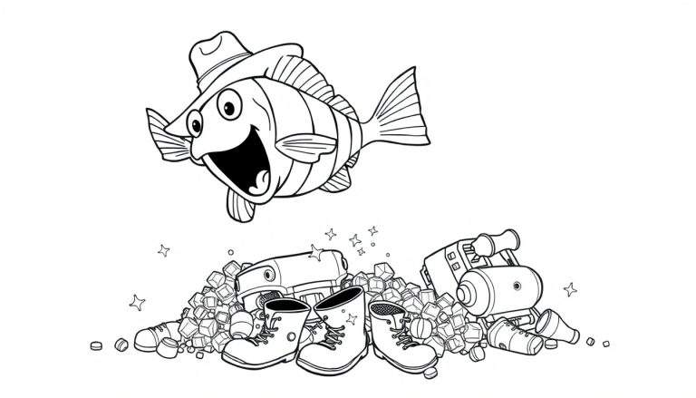 Ilustración para colorear de un pez con sombrero cayendo sobre una pila de botas, botellas y aparatos electrónicos, con estrellas y círculos flotantes.