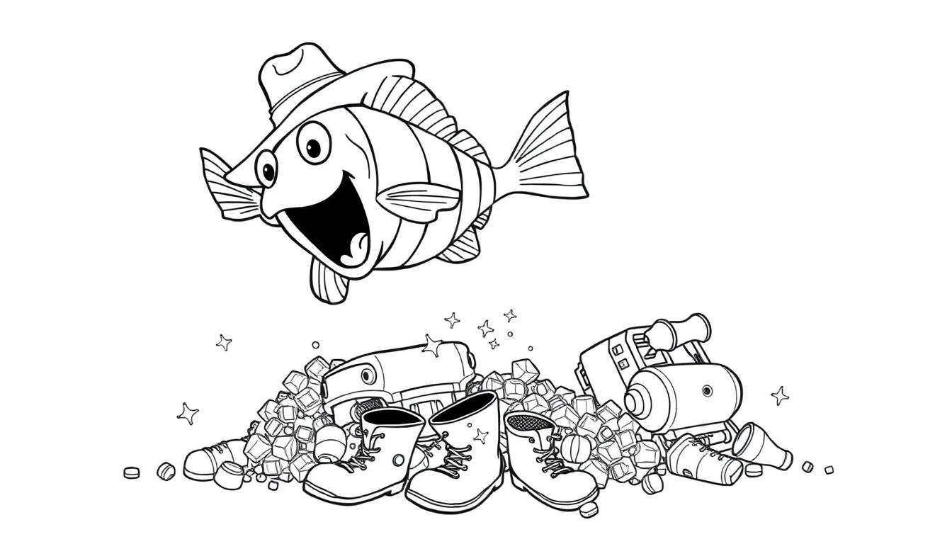 Ilustración para colorear de un pez con sombrero cayendo sobre una pila de botas, botellas y aparatos electrónicos, con estrellas y círculos flotantes.