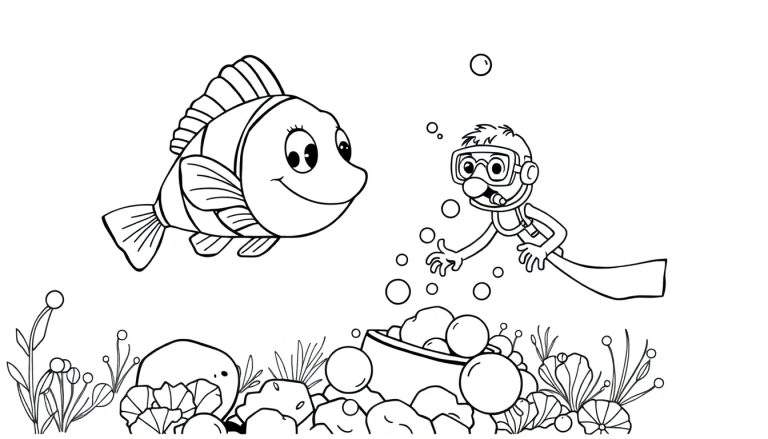 Página para colorear de un pez payaso sonriente interactuando con un buceador en un entorno submarino con rocas y algas.