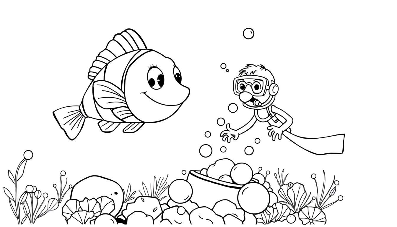 Página para colorear de un pez payaso sonriente interactuando con un buceador en un entorno submarino con rocas y algas.