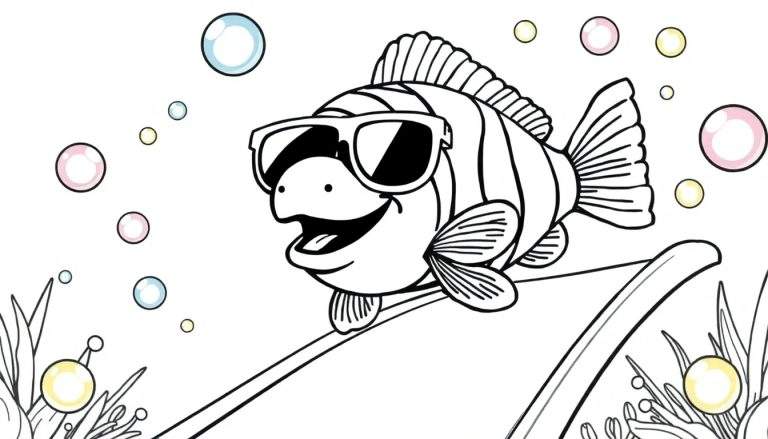 Ilustración en blanco y negro para colorear de un pez payaso sonriente con gafas de sol, rodeado de burbujas rosas, azules y amarillas, cerca de un coral y plantas marinas.