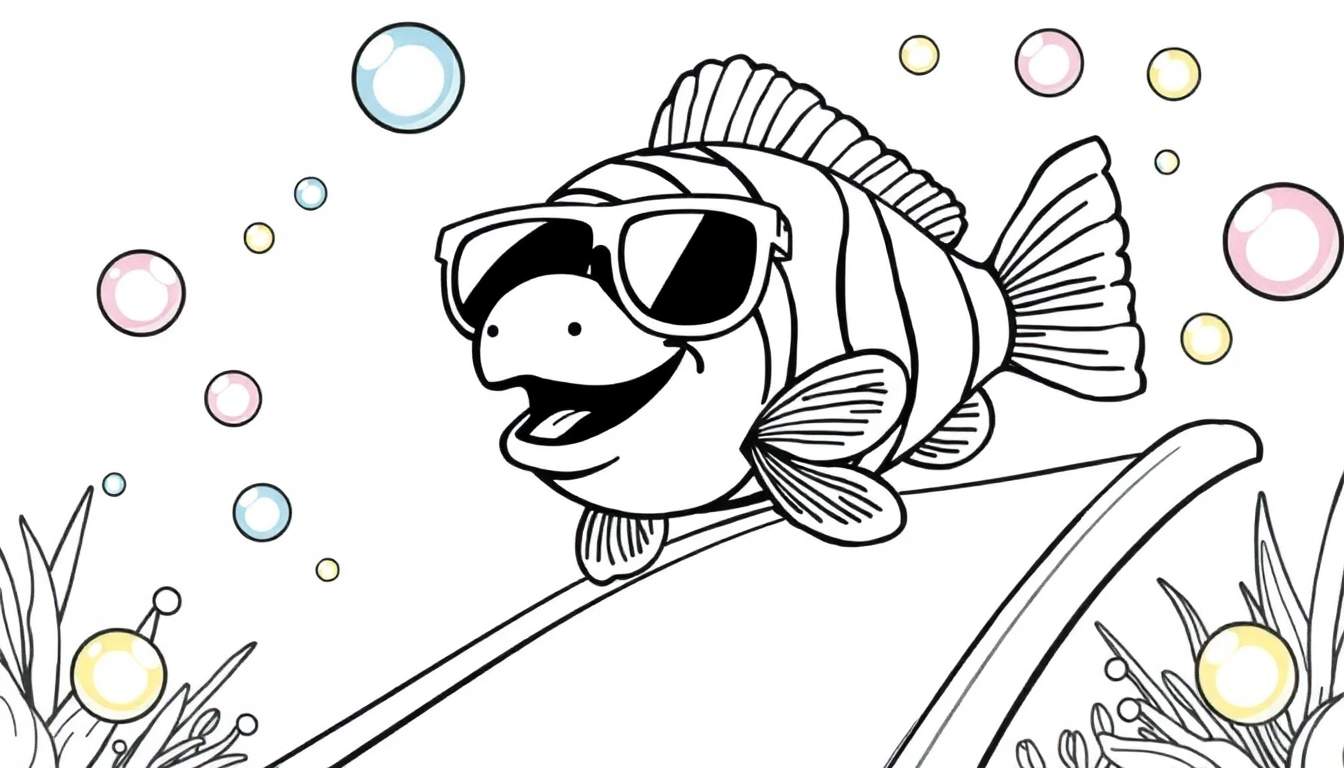 Ilustración en blanco y negro para colorear de un pez payaso sonriente con gafas de sol, rodeado de burbujas rosas, azules y amarillas, cerca de un coral y plantas marinas.
