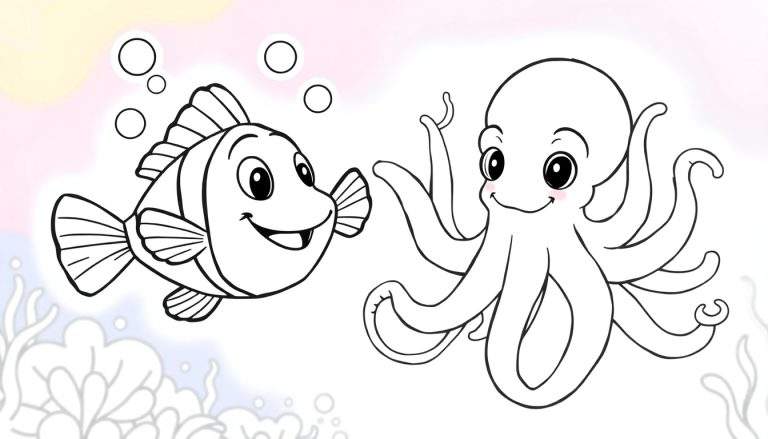 Página para colorear de un pez payaso y un pulpo en blanco y negro, con burbujas y algas de fondo.