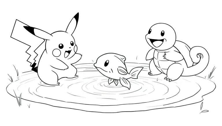 Dibujo a línea de tres personajes de Pokémon: Pikachu saluda, un pez nada y Squirtle está sentado en el borde del agua. Hay hierba alrededor.