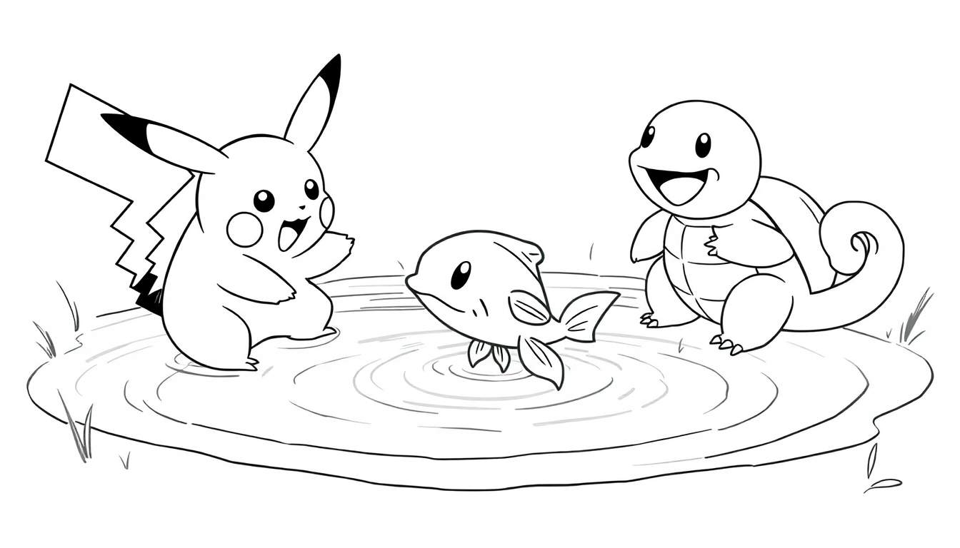 Dibujo a línea de tres personajes de Pokémon: Pikachu saluda, un pez nada y Squirtle está sentado en el borde del agua. Hay hierba alrededor.
