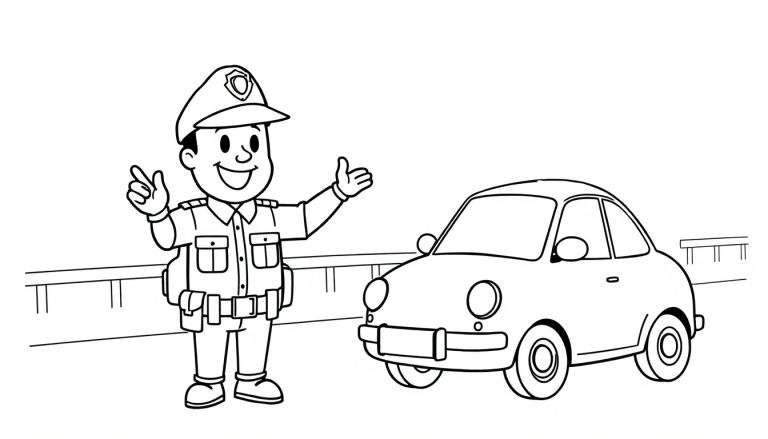 Dibujo a línea para colorear de un policía de dibujos animados con el brazo levantado, junto a un coche sencillo en una carretera.