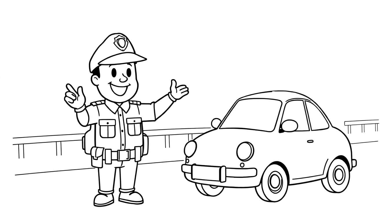 Dibujo a línea para colorear de un policía de dibujos animados con el brazo levantado, junto a un coche sencillo en una carretera.