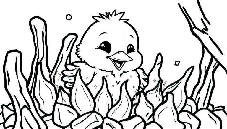Dibujo para colorear de un pollito feliz con ojos grandes, pico abierto, rodeado de hojas grandes, estrellas y círculos.