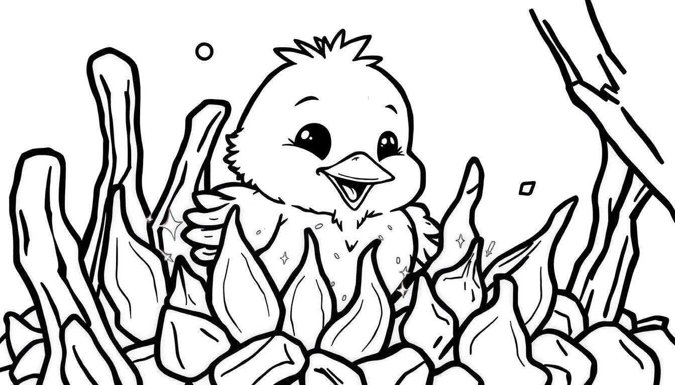 Dibujo para colorear de un pollito feliz con ojos grandes, pico abierto, rodeado de hojas grandes, estrellas y círculos.