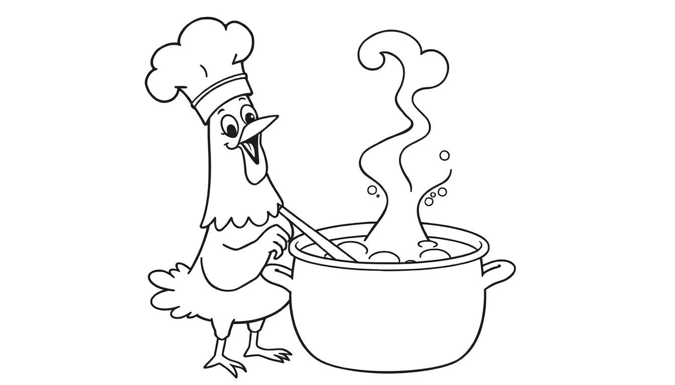 Ilustración en blanco y negro de un personaje de pollo chef con gorro, revolviendo una olla humeante con una cuchara. Página para colorear.
