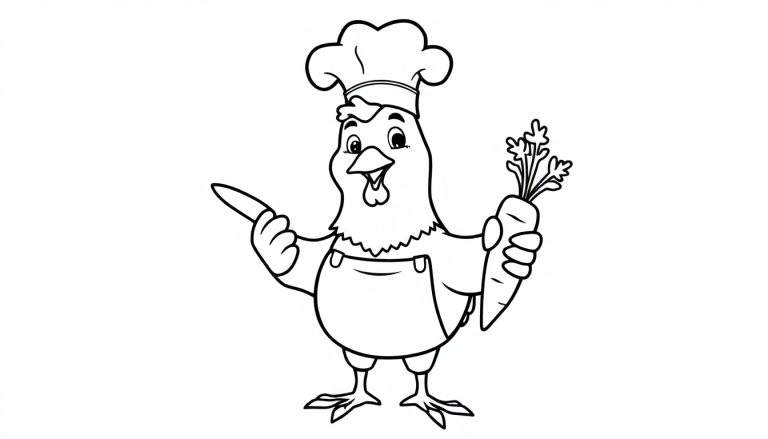 Dibujo lineal de un pollo chef con gorro y delantal, sonriendo, sosteniendo un cuchillo en una mano y una zanahoria en la otra.