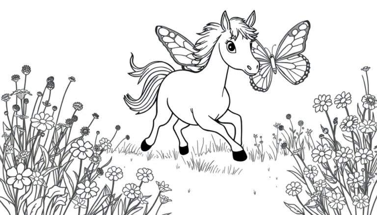 Dibujo para colorear de un poni alado con alas de mariposa y una mariposa en su hocico, rodeado de flores y hierba.
