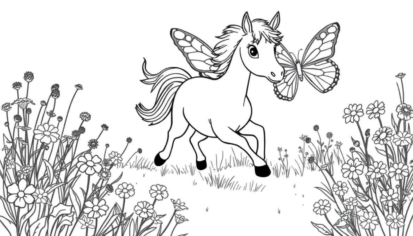 Dibujo para colorear de un poni alado con alas de mariposa y una mariposa en su hocico, rodeado de flores y hierba.