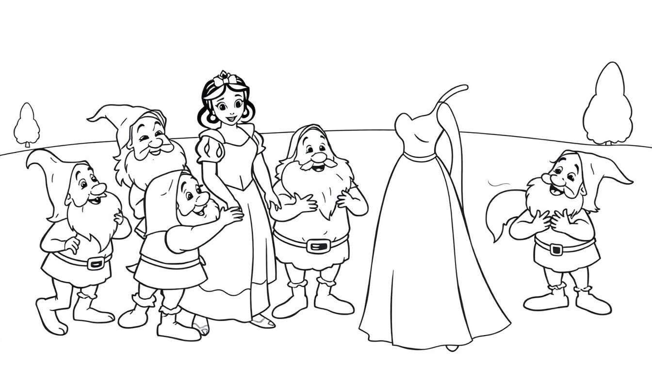 Ilustración para colorear de una princesa y varios enanitos mirando un vestido colgado, con árboles y cielo al fondo.