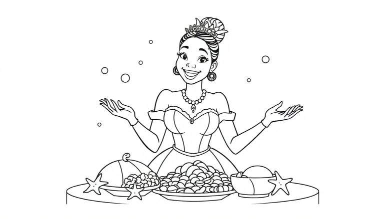 Dibujo para colorear de una princesa de dibujos animados con vestido, tiara y manos levantadas, frente a una mesa con comida decorada con estrellas de mar y burbujas flotantes.