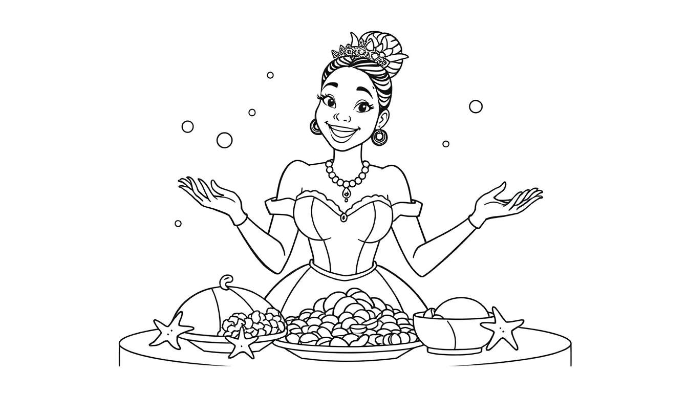 Dibujo para colorear de una princesa de dibujos animados con vestido, tiara y manos levantadas, frente a una mesa con comida decorada con estrellas de mar y burbujas flotantes.