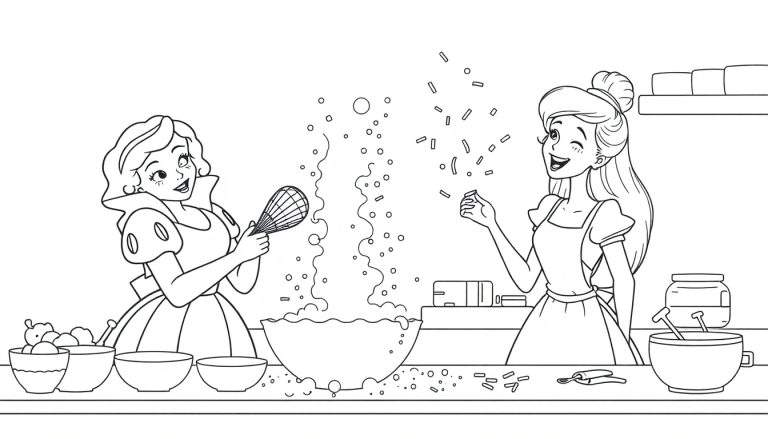 Dibujo lineal de Blancanieves y Aurora de Disney en una cocina, Blancanieves mezclando en un bol, Aurora lanzando confeti.