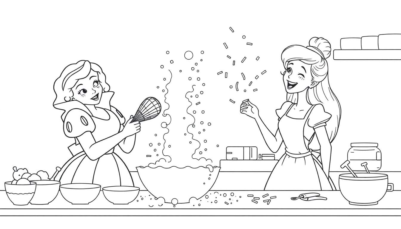 Dibujo lineal de Blancanieves y Aurora de Disney en una cocina, Blancanieves mezclando en un bol, Aurora lanzando confeti.