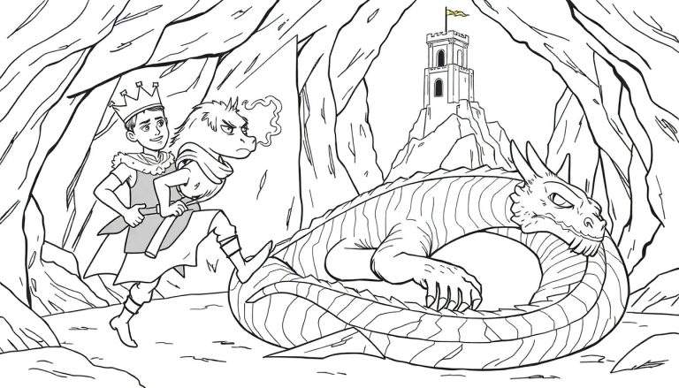 Dibujo para colorear de un príncipe corriendo con una espada, perseguido por una criatura dragón, con un castillo en una montaña y un dragón dormido en primer plano.