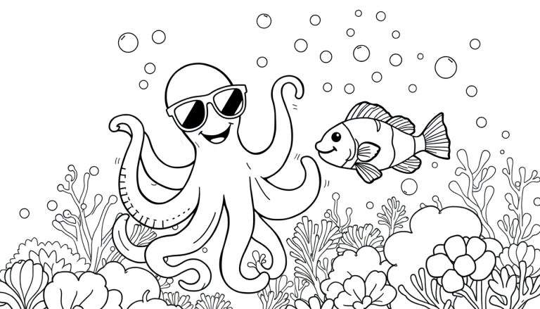 Dibujo para colorear de un pulpo con gafas de sol y un pez, rodeados de burbujas y corales.